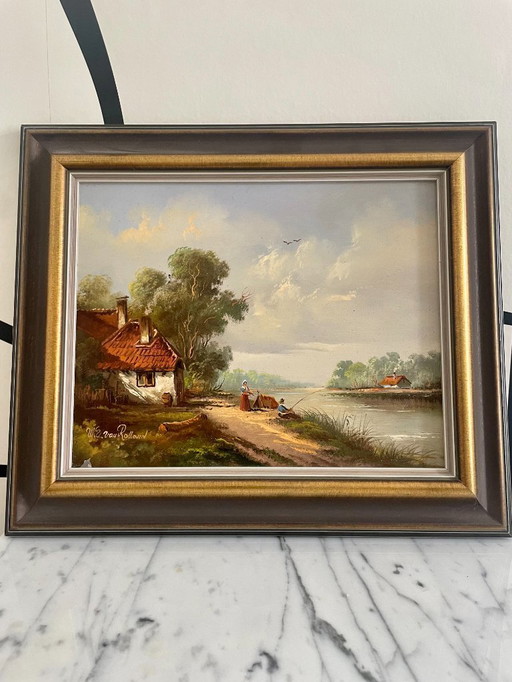 Vintage painting signed W.E. van Rolland - Rural landscape - Oil on panel - Wood frame