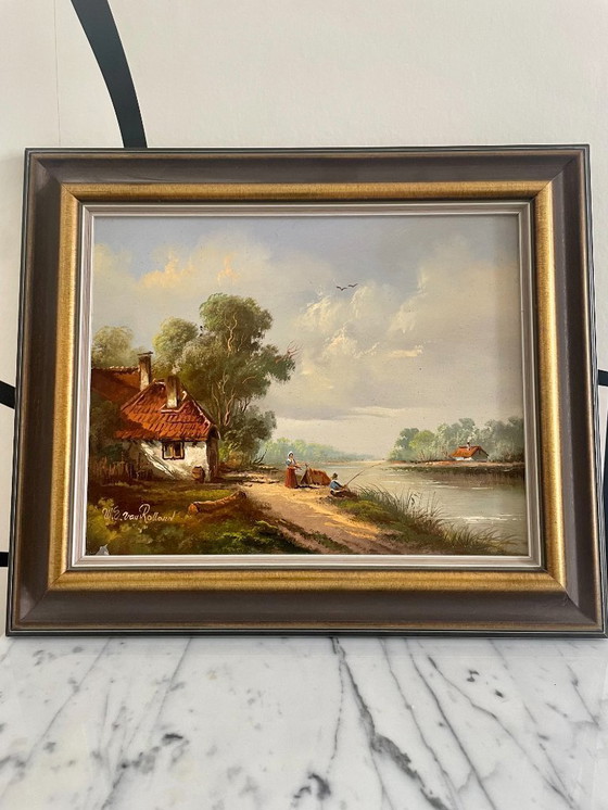 Image 1 of Cuadro de época firmado W.E. van Rolland - Paisaje rural - Óleo sobre tabla - Marco de madera