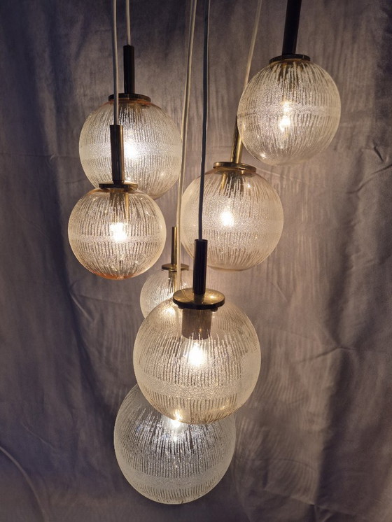 Image 1 of Vintage 1970s French Cascade Chandelier by Parscot – 7 Glass Globes, Brass & Textured Glass, Mid-Century Pendant Light