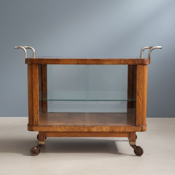 Image 1 of Carrito de servicio Art Déco de nogal con cromo, década de 1930