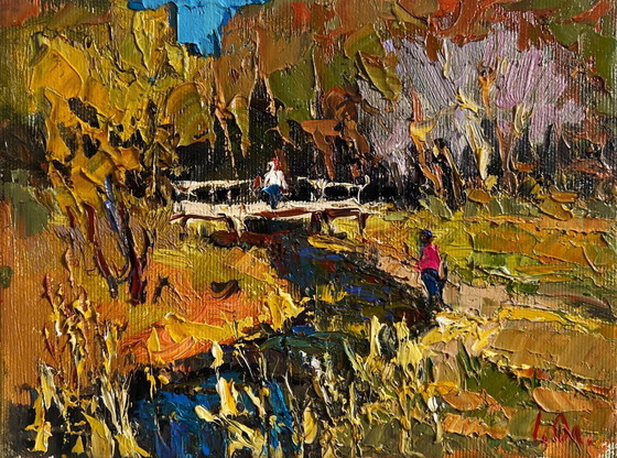 Image 1 of Original Oil Painting Autumn Bridge Landscape Near a quiet river