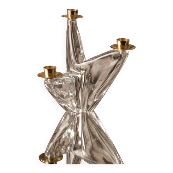 Lampadario modernista in cristallo massiccio e ottone – Firmato Schneider 1960 – Portacandele, Vetro, Design (photo 2 of 13)