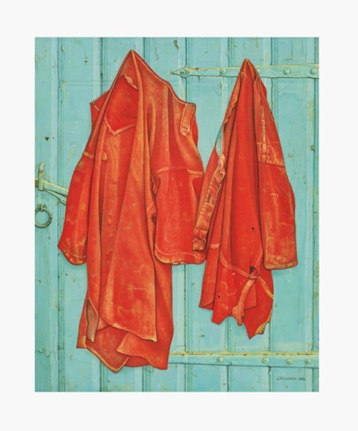 Jopie Huisman--Giclée couleur Chemises rouges sur porte bleue