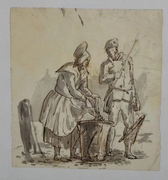 Zeichnung „Fischerpaar“ der Schule des 18. Jahrhunderts – Gemälde & Zeichnungen, Paper (photo 2 of 9)