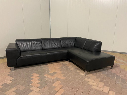 Canapé d'angle en cuir véritable noir – Assise large – Base solide