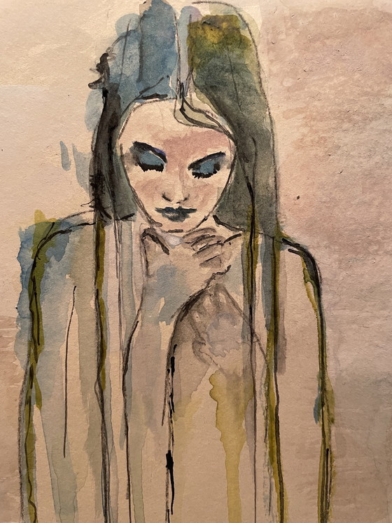 Image 1 of Aquarel ingelijst met passe-partout in antiek lijstje A4formaat titel:”Maak  Ruimte Voor Je Hart”