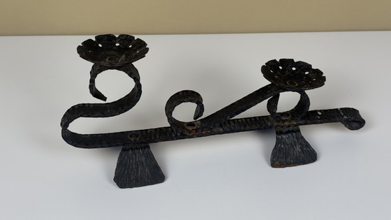 Image 1 of Brutalist forged black iron handmade Scandinavian Viking boat candlestick