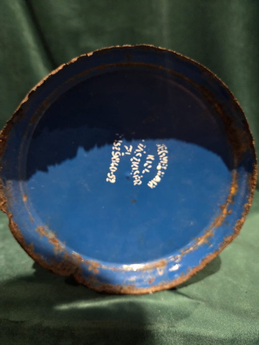 Antica brocca per l'acqua smaltata blu con cucchiaio - brocante / smalto - 40 cm