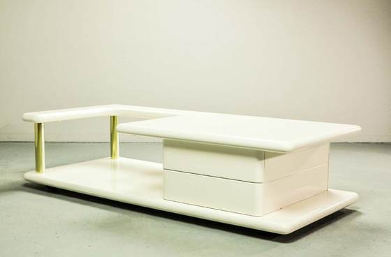 Image 1 of White High Gloss Lacquered Free Form Mid-Century Italian Design Coffee Table with Brass Accents.