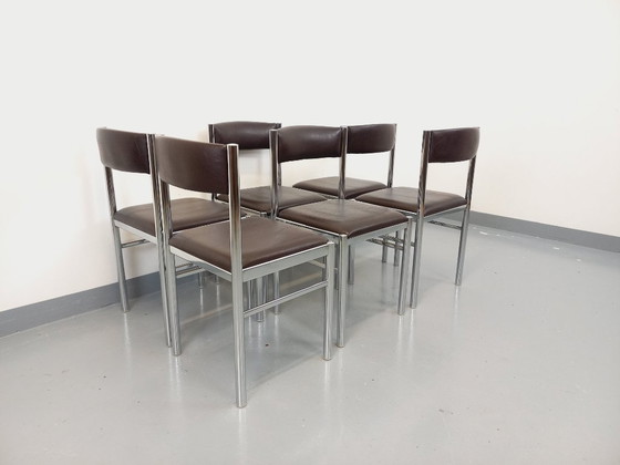 Image 1 of Set di 6 sedie vintage anni '70 in metallo cromato e similpelle marrone