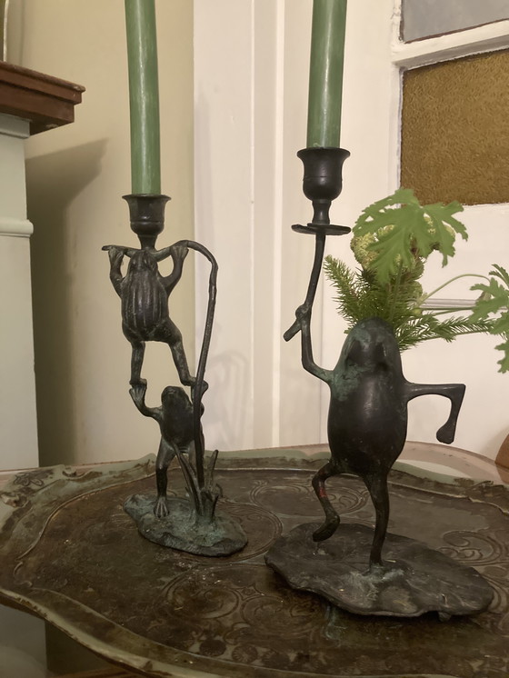 Image 1 of Vintage bronze candle holders, collectible frogs