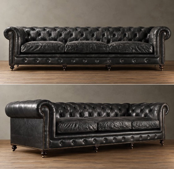 RH 118" Kensington Leather Sofa Black Leather, Restoration Hardware, 3-5 seaters, Textile, Modern (photo 6 of 21)