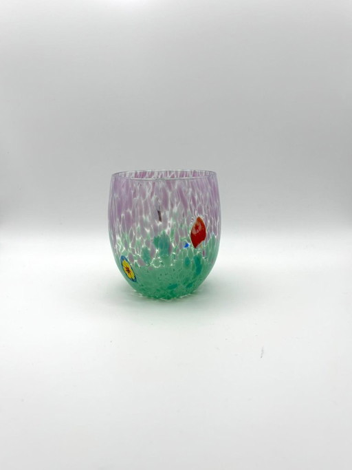 Set van 6 Venetiaanse glazen van geblazen glas met Murano-effect (murrine) in het glas verwerkt, handgemaakt in Italië.