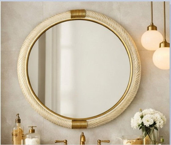 Image 1 of Espejo de pared redondo veneciano con cristal de Murano Torgiglione-Torchon: decoración de lujo inspirada en el Barovier