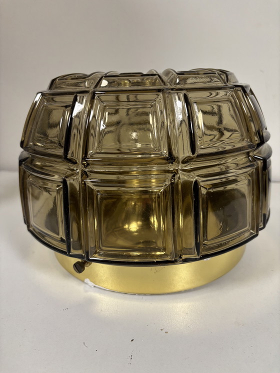 Image 1 of Ceiling and wall lamp made of brass and amber glass, Glashutte Limburg, Germany, 1960s