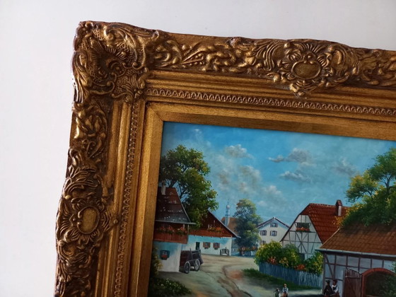Image 1 of ORIGINAL Ölgemälde auf Holzplatte inkl. Rahmen | Fachwerkhäuser/Dorf | Signiert