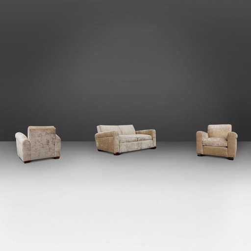 Art Deco Living Set in velvet by Jules Leleu, 1930s, Set of 3