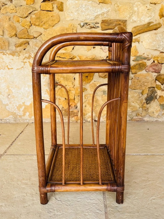 Image 1 of Mid-Century, Two-Tiered, Bamboo & Wicker Nightstand 1970s