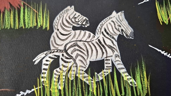 Image 1 of Unique African Tingatinga Masterpiece: "Chasse aux zèbres"1