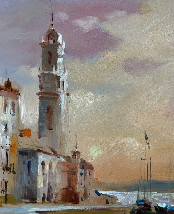 Image 1 of Original Oil Painting Evening City Landscape The flaming evening horizon