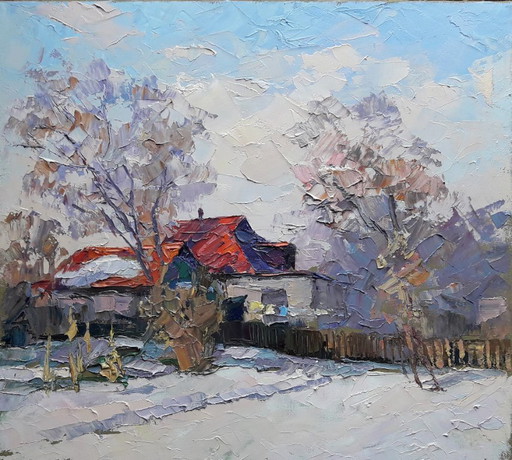 Original Ölgemälde Winterlandschaft Dorfstraße Haus mit rotem Dach