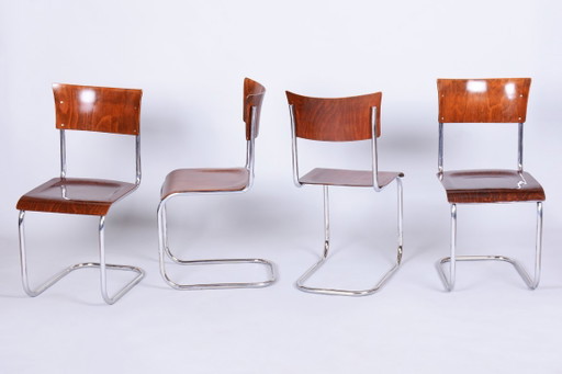 Ensemble de quatre chaises Bauhaus restaurées, Hêtre, Acier chromé, Tchèques, années 1930