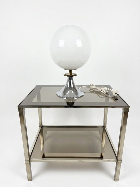 Vintage Space Age Table Lamp – Opaline Glass Globe & Chrome Base – 1970s – Metal (photo 4 of 11)