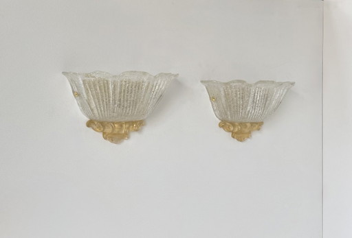 Een paar vintage, geperste wandlampen van Murano-glas, Italië 1980. – Murano Glass