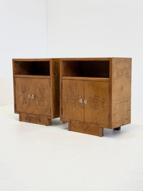 Image 1 of Set van twee vintage Art Deco nachtkastjes met wortelhout