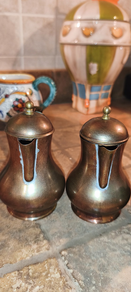 Ensemble de 5 cafetières arabes vintage Dallah en cuivre et laiton, style turc et moyen-oriental (photo 2 of 10)