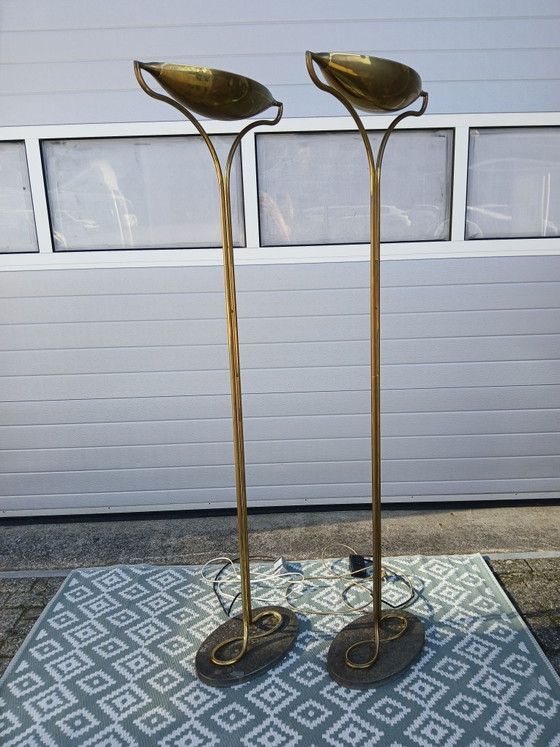 Rare pair (2x) Vintage Florian Schulz 'Dona' Brass Uplighters (1979), Floor lights, Stone, Gold (photo 2 of 10)