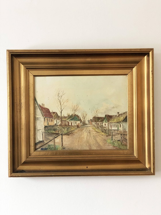Image 1 of Peinture à l'huile originale représentant un village européen vintage avec des cottages, vers 1940