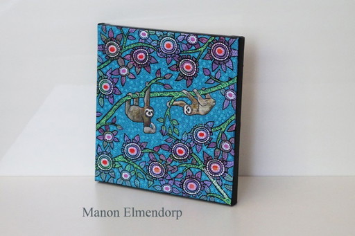 Uniek Handgeschilderd Schilderijtje Luiaards Nieuw 20x20 cm