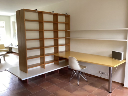 Double bookcase on shelf / work table with wall shelves