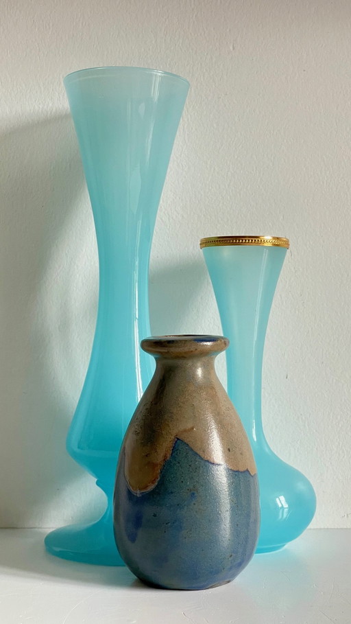 Vintage Blue Stoneware and Opaline Glass Vases
