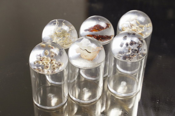 Image 1 of Lot de 6 pots à épices cylindriques en résine plexiglas français / Épices et herbes conservées, décoration de cuisine vintage