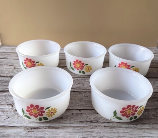 Arcopal Lotus ramequins vintage lotto di 5 | Ciotole da dessert francesi in vetro di latte | fiori d'arancio anni 70