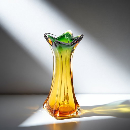 Mid - Century Murano vase - Green & Amber glass, turned design, Italy 1960s