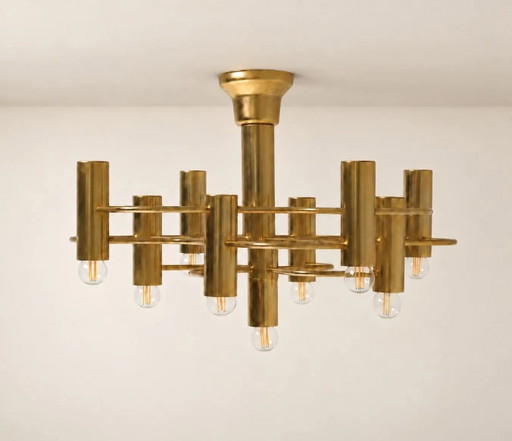 Gaetano Sciolari 9-Light Brass Chandelier, Geometric Mid-Century Semi-Flush Ceiling Light, c. 1970