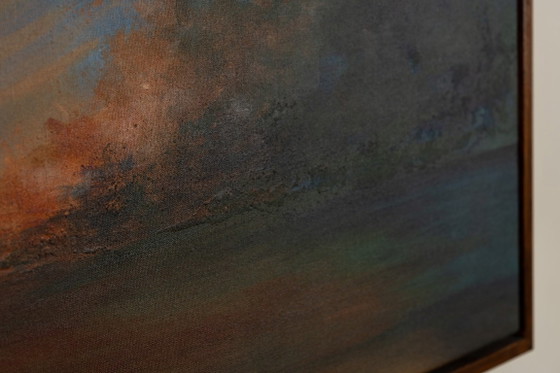 Large Original Blue and Orange Abstract Landscape Painting, Textured Acrylic Canvas - Whispering Embers (photo 18 of 23)