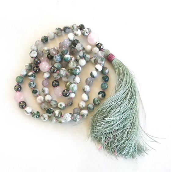 Image 1 of Mala For Emotional Balance - Yoga Prayer Beads - Agate & Rose Quartz - 108 Bead Mala Necklace - Sari Silk Tasse
