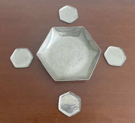 J.J. Davids Amsterdam - Set di sottobicchieri in peltro argentato martellato a mano Art Déco per liquore o porto