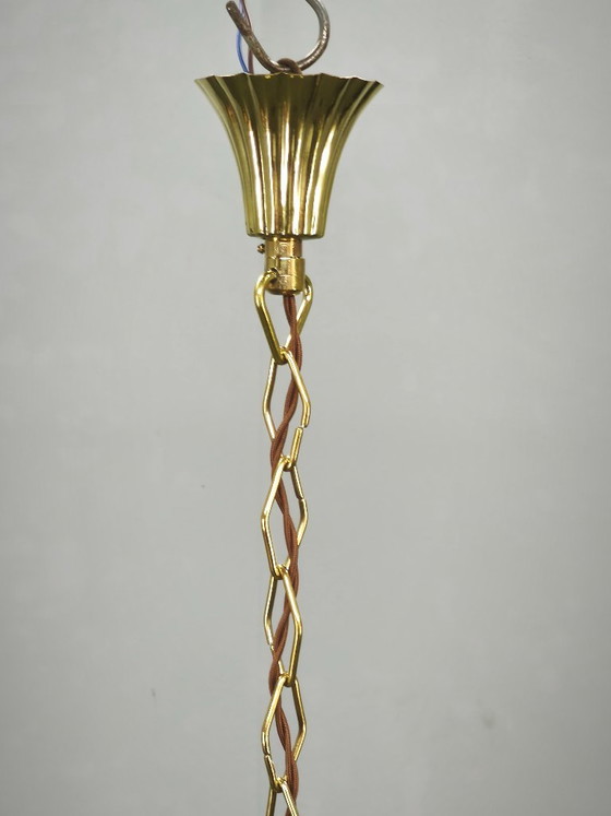 1930s Czechoslovak Art Deco Brass And Opaline Glass Chandelier (photo 8 of 14)
