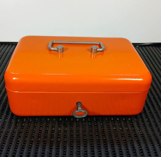 Für den Retro-Liebhaber: Vintage Orangefarbene Metall-Geldkassette (Mit Einsatzfach & Schlüssel)