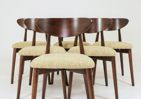 Image 1 of Set van 6 eetkamerstoelen, licht beukenhout, stof met groen patroon, modern ontwerp