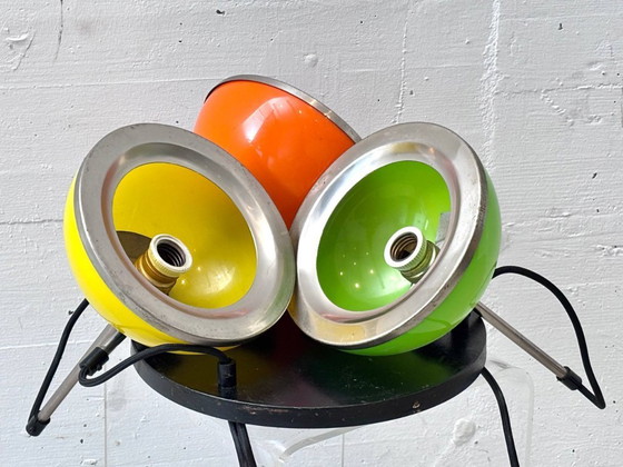 Image 1 of Space-age pendant lamp with three colored metal shades, 1970s