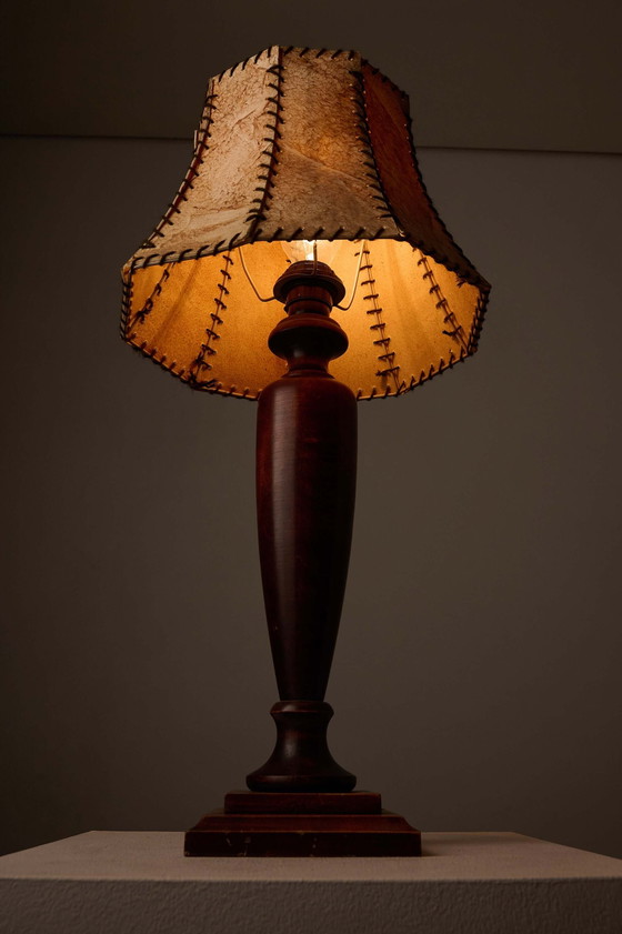 Turned Dark Wood Table Lamp with Stitched Shade, Rustic (photo 4 of 5)