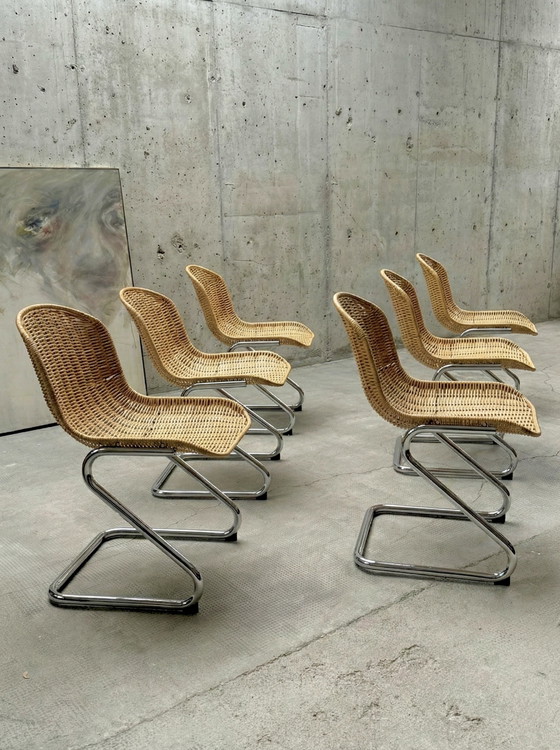 Image 1 of SET OF 6 RATTAN CHROME CANOPY CHAIRS IN THE GASTONE RINALDI STYLE, ITALY 1970s