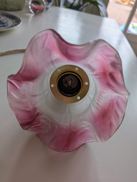 Image 1 of beautiful unique small vintage pendant lamp opaline shade pink ruffled edge
