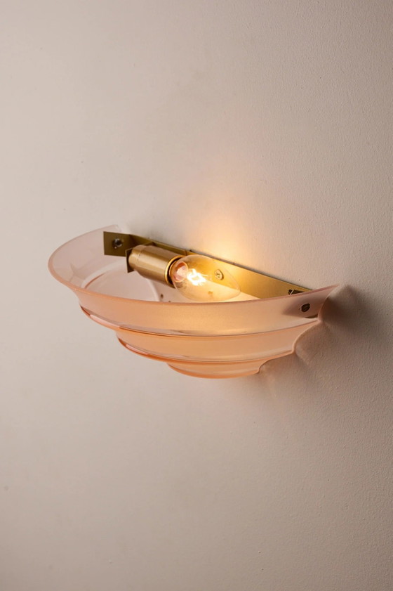 Mid-Century Pink Glass Shell Wall Sconce with Clear Stripes, Wall lights, Mid Century Modern (photo 6 of 8)